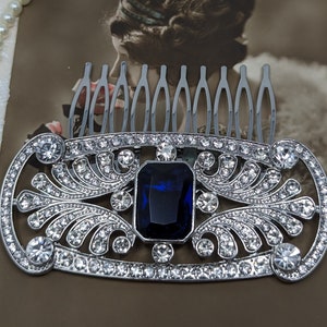 Eva Art Deco Bridal Hair Comb: Sapphire Blue Crystal, 1920s Flapper Style