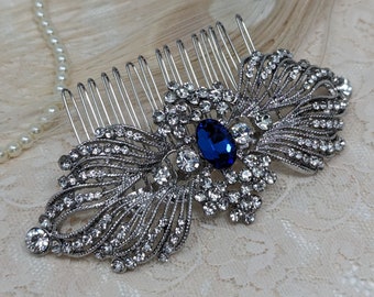 Peigne à cheveux de mariée en cristal bleu saphir Grace de style vintage, mariage des années 1920, mariage des années 1920