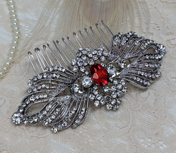 Vintage Deco Red Hair Comb Art Deco French Celluloid Marguerite Hair Comb For Sale at  main image 2