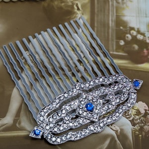 Livia Art Deco Sapphire Blue Crystal Hair Comb: Vintage Bridal Accessory
