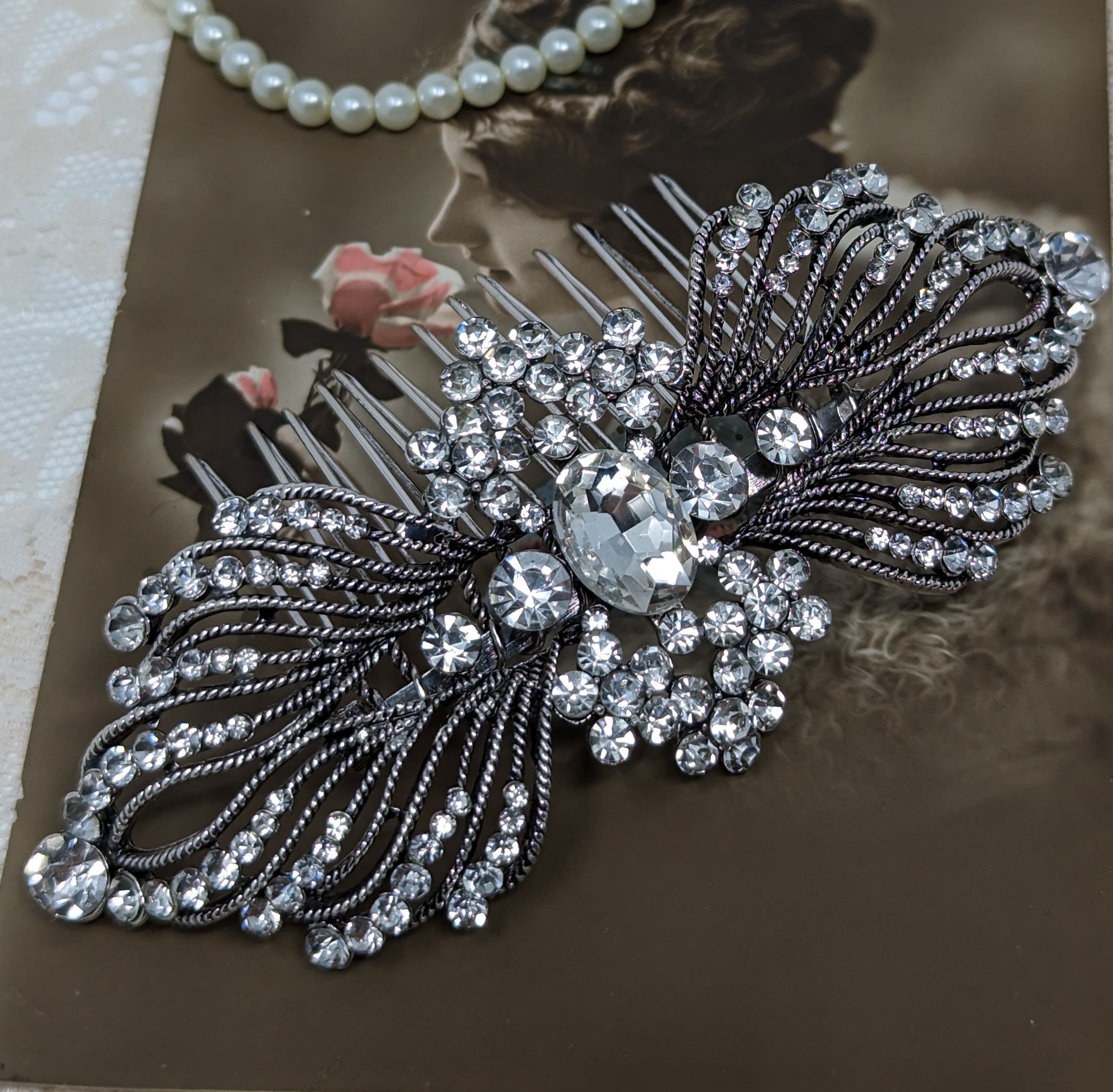 Vintage Bridal/Bride Rhinestone Art Deco Hair Comb Art Deco Filigree Bridal Hair Comb | Small CZ Wedding Veil  main image 3