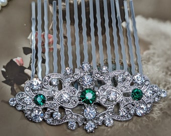 Aster Emerald Green Crystal Bridal Hair Comb: Art Deco Flapper Wedding