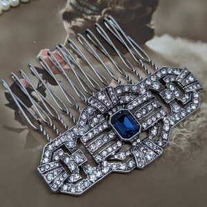 Willow Art Deco Vintage Style Crystal Bridal Sapphire Blue Bridesmaid Hair Comb 1920’s Wedding Prom Flapper