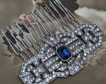 Willow Art Deco Vintage Style Crystal Bridal Sapphire Blue Bridesmaid Hair Comb 1920’s Wedding Prom Flapper