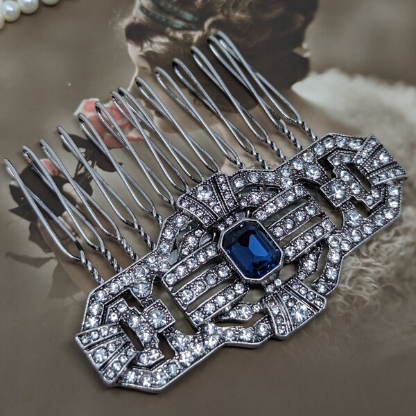 Willow Art Deco Vintage Style Crystal Bridal Sapphire Blue Bridesmaid Hair Comb 1920’s Wedding Prom Flapper