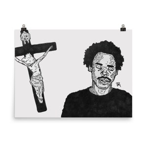 May include: Black and white line drawing of a man with a mustache and closed eyes, with a depiction of a person on a cross behind him. The man is wearing a black shirt. The drawing is signed "TM" in the bottom right corner.