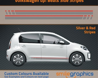 May include: A white Volkswagen up! car with silver and red side stripes. The image includes text that reads "Volkswagen up! Beats Side Stripes" and "Silver & Red Stripes". The text "Custom Colours Available" is also visible.