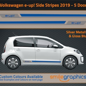 May include: Side stripes for a white Volkswagen e-up! car. The stripes are silver metallic and gloss blue. The car is a 5-door model. Custom colours are available.