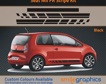 May include: A red Seat Mii FR car with black stripe decals. The car is shown from the back, with the rear window and license plate visible. The text "Seat Mii FR Stripe Kit" and "Black" are visible at the top of the image. The text "Custom Colors Available" and "See Examples and Colors on next page" are visible at the bottom of the image.