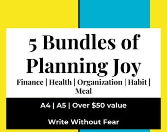 Puede incluir: Un gráfico en blanco y negro con fondo amarillo y azul. El texto dice "5 Bundles of Planning Joy" con el subtítulo "Finance | Health | Organization | Habit | Meal". Debajo del subtítulo está el texto "A4 | A5 | Over €50 value" y "Write Without Fear".