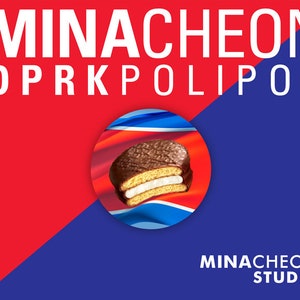 May include: A graphic design with the text "MINACHEON DPRKPOLIPOP" in white letters on a red background. The text "MINACHEON STUDIO" is in white letters on a blue background. A circle with a North Korean flag design contains a chocolate-covered marshmallow snack.