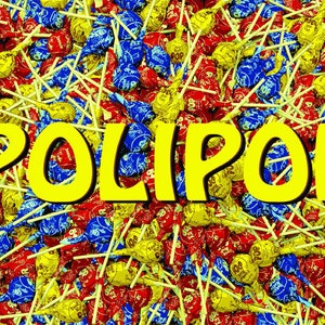 May include: A large pile of colorful lollipops with red and blue wrappers. The word "POLIPOP" is written in yellow letters across the center of the image.