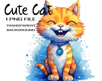 Cute Cat Clipart: Funny Happy Cute Orange in Blue Cat Illustration