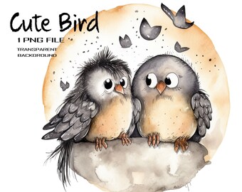 Funny Spring Bird on Moon PNG Clipart, Digital Art, Watercolor Sublimation File for Commercial Use