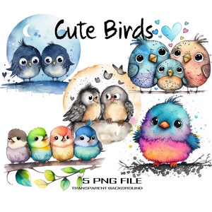 Incantevole set di 5 clipart acquerello PNG: famiglia di uccelli primaverili, luna e altro per artigianato fai-da-te e decorazioni per la casa