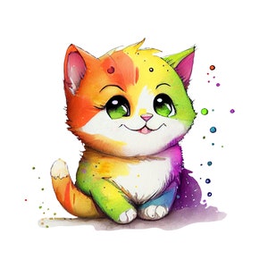 Rainbow cute kitten png clipart watercolor digital download image
