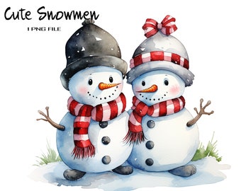 Cute Snowmen Watercolor PNG Clipart with Transparent Background