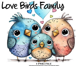 Cute Bird Family PNG Clipart, Digital Art Love Hearts, and Spring Bird Sublimation File