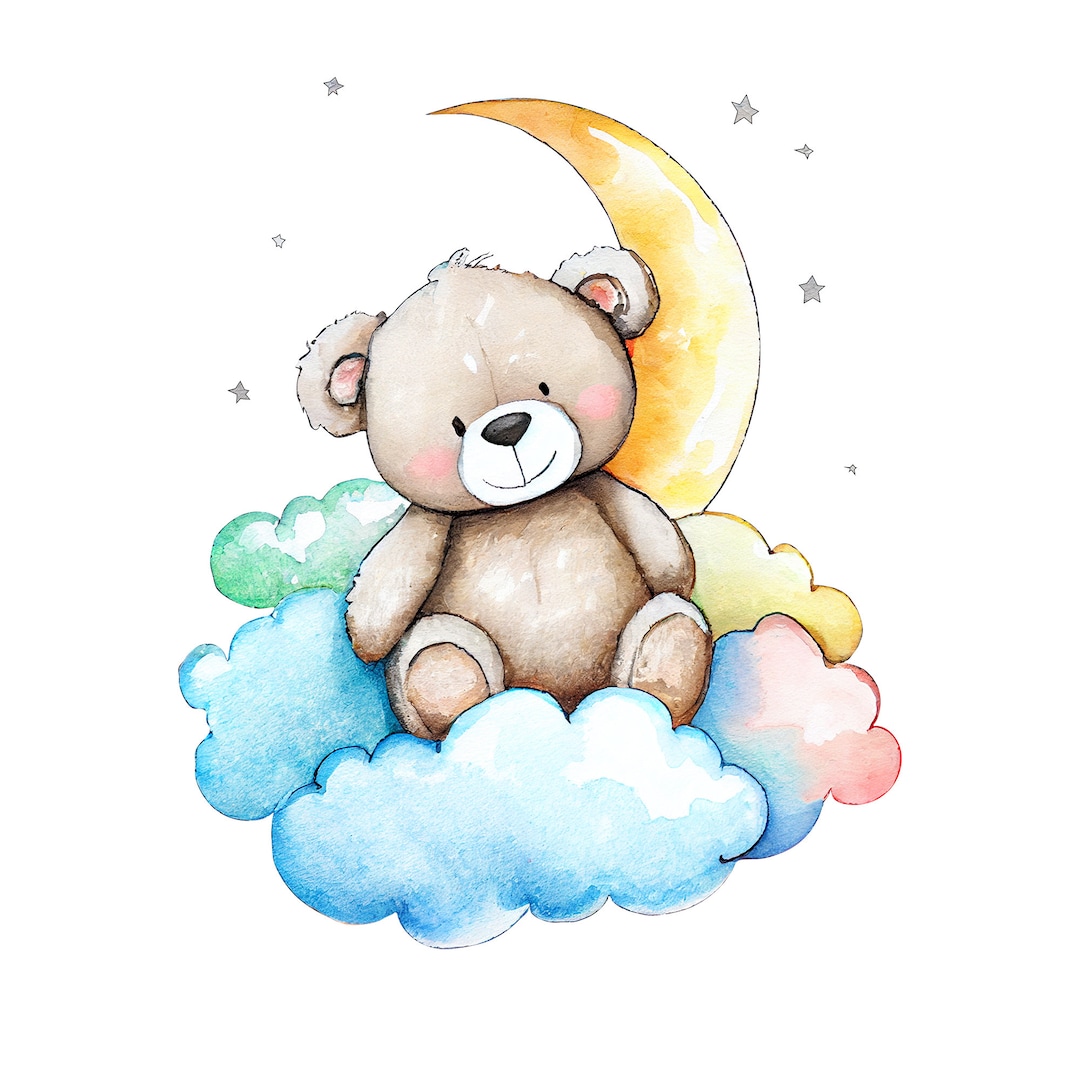 Png Clipart of a Cute Teddy Bear Sitting on Clouds, Moon, and