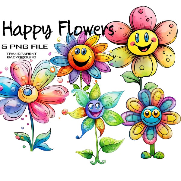 Happy Summer Vibes in Colorful Watercolor Flowers PNG Clipart set