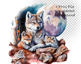 Wolf digital art download. Wolf clipart instant download. Wolf family print, wolf png, sublimation, wolf printable