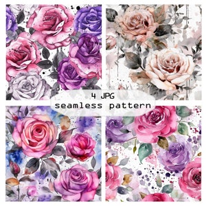 Seamless Pattern with Roses, Summer Flowers Watercolor images Set of 4 JPG Digital Files