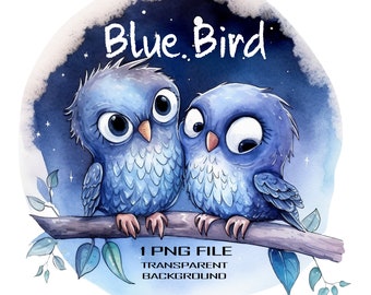 Cute Blue Bird PNG Clipart, Funny Winter Bird Couple Sitting on Branch Watercolor Digital Art