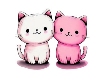 Cute little cat girls in pink color png. Funny cat digital art download. Cat clipart instant download. Cute cat print, cat sublimation