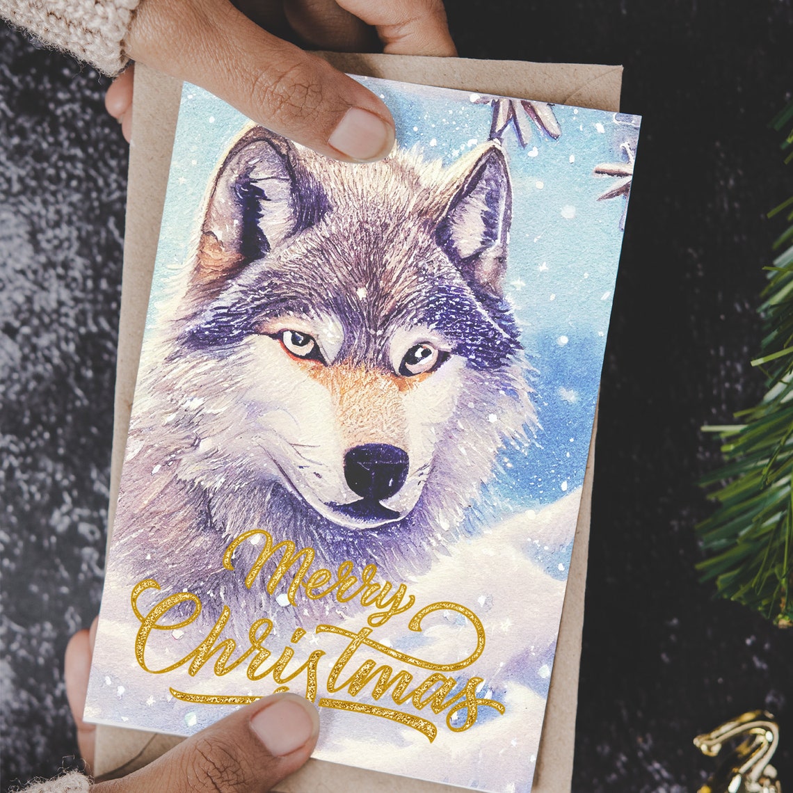 Digital Christmas Cards Printable Winter Wolf Christmas Etsy