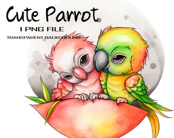 Cute Bird Clipart: Chibi Parrots on Moonlight Watercolor