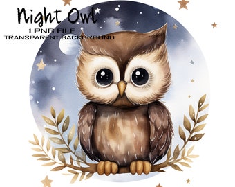 Cute Owl in Moonlight and Stars Watercolor Clipart