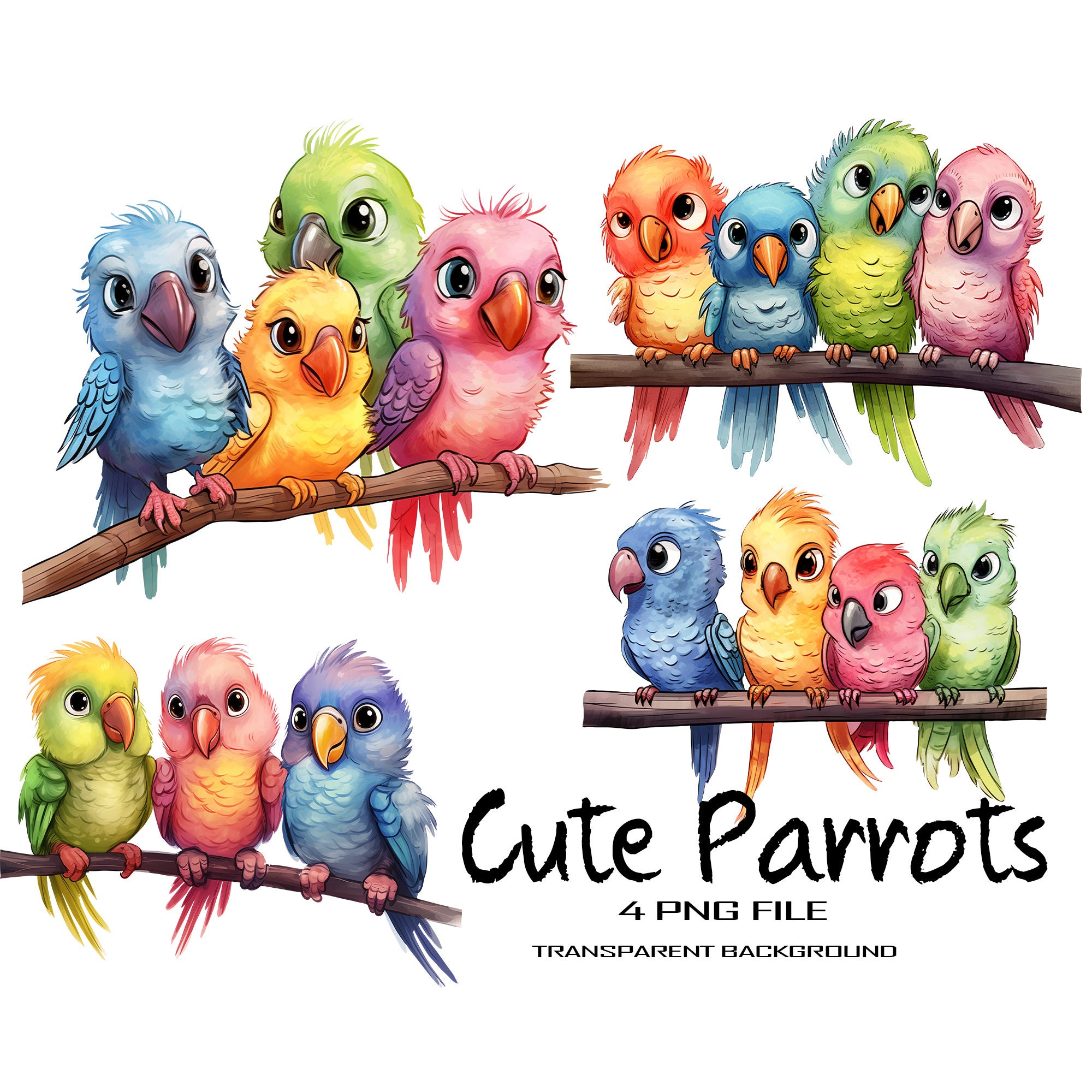 Funny Parrots Clipart Set with Transparent Background
