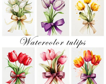 Spring flowers watercolor tulips with bow pack of 6 images