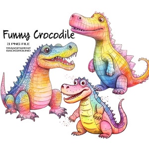 Crocodile Clipart for Nursery. Funny Animal Watercolor PNG Digital Art Images. Cute Reptiles Colorful Clipart for Kids.