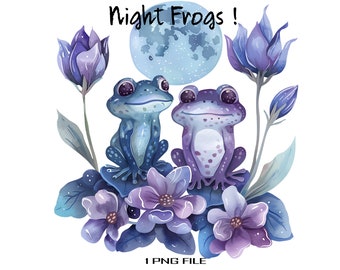 Frog Clipart, Watercolor Flowers, Moon PNG Digital aRT
