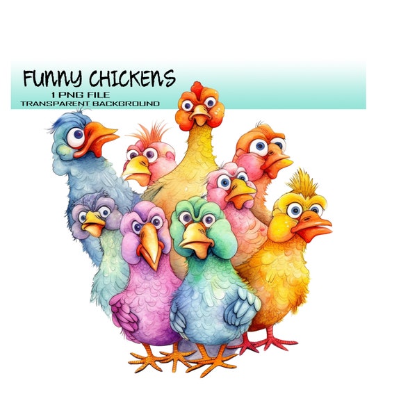 Png Chickens Digital Download File. Funny Hen Clipart for Easter Greeting Cards. Sublimation Png with a Colorful Image from the Hen House.