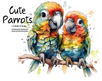 Cute Parrot PNG Watercolor Clipart. Love, Friendship and Funny Bird Clipart for Sublimation.