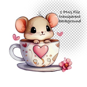 PNG cute mouse in tee cup clipart watercolor image, love hearts illustration