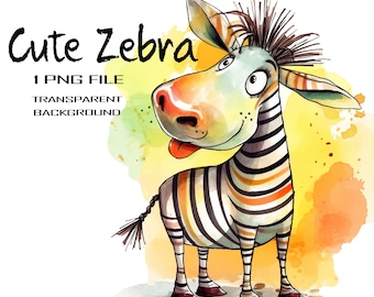 Funny Safari Animal PNG Clipart, Wild Zebra Watercolor Digital Art Sublimation file for Commercial Use.