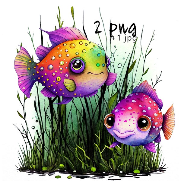 Fish png images with funny nautical watercolor underwater grass, clipart, t-shirts designs, greeting cards, sublimation instant downloads