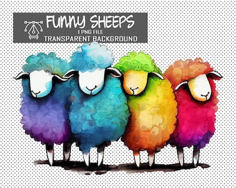 Png Funny Animal File. Colorful Watercolor Sheep Clipart. Clip Art for Funny T-Shirts Designs, Nursery and Kid room. Sublimation farm Png.