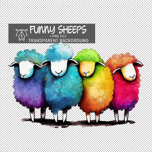 Png Funny Animal File. Colorful Watercolor Sheep Clipart. Clip Art for Funny T-Shirts Designs, Nursery and Kid room. Sublimation farm Png.