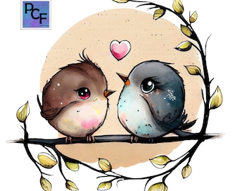 Cute spring birds with a love heart on moonlight watercolor drawing,  birds clipart, birds png, sublimation, birds printable, birds print