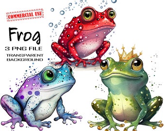 Frog Watercolor Clipart set. Royal Animal PNG Images. Funny Frog with the Crown Clipart for Commercial Use.