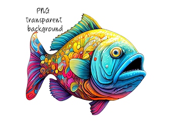 Fish png colorful funny watercolors drawing. Funny fish png digital files for cool fishing t-shirt designs and stickers