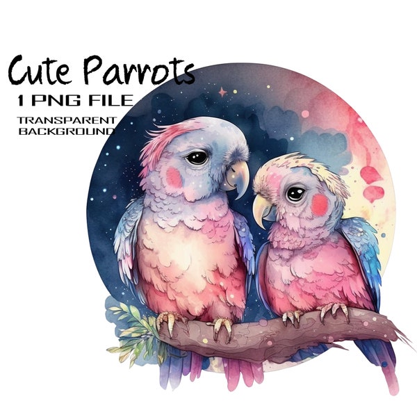 Funny Chibi Parrots Clipart on Moonlight Watercolor
