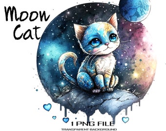 Cute Cat and Moon Clipart, PNG Star Night and planet Watercolor Clipart