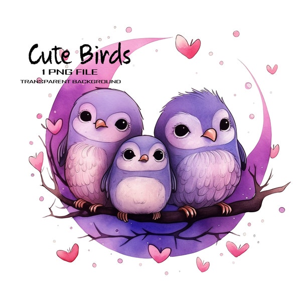 PNG Cute Bird Family Watercolor Clipart