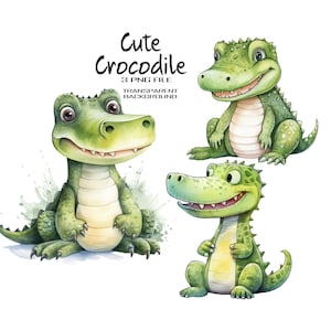 Lindo cocodrilo PNG acuarela Clipart conjunto de 3 imágenes de arte digital para niños.