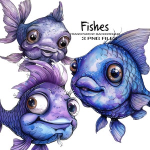 面白い魚の水彩画クリップアート 3 枚セット PNG 画像